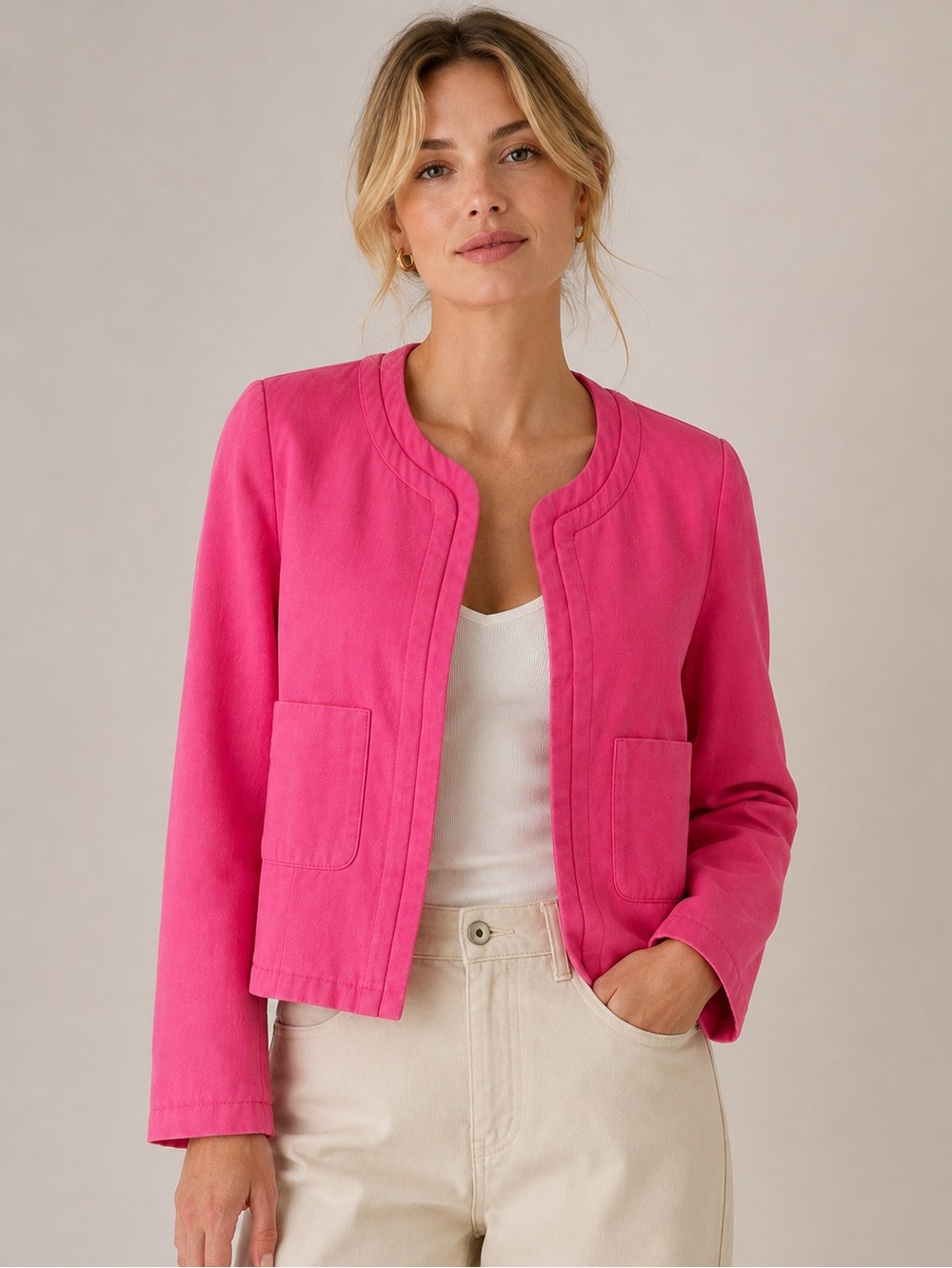 Comptoir des Cotonniers Pink Cotton Linen Collarless Jacket – Size 38